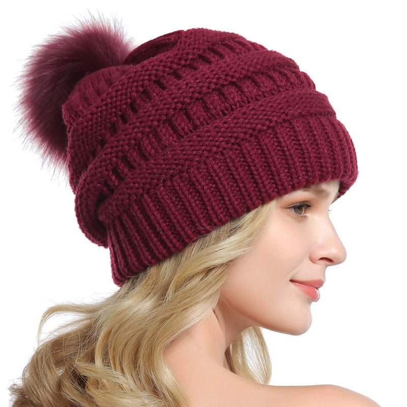 QUEENFUR Women Knit Slouchy Beanie Chunky Baggy Hat with Faux Fur Pompom Winter Soft Warm Ski Cap - Image 4